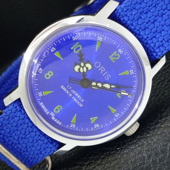 Oris Other - Vintage 1981 Oris Manual Mens Silver Watch W/Nato Strap & Blue accents